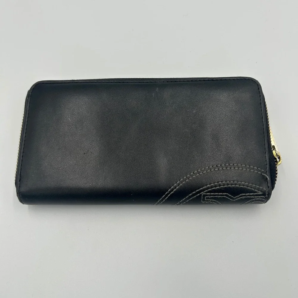 Tory Burch Wallet Womens OS Black Leather Stitched Logo Zip Around B-029